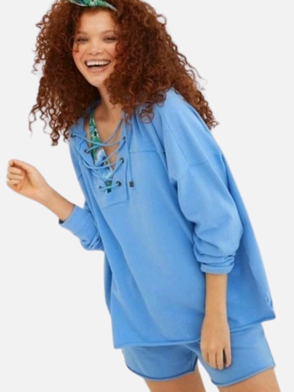 Aerie Sunday Soft Hoodie Sweatshirt Cornflower Blue Lace Up Oversized XS